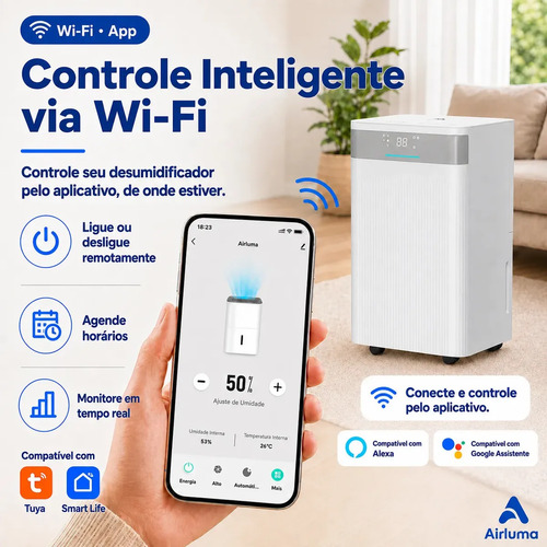Desumidificador de Ar Airluma 12L/dia com Compressor e Wi-Fi, Timer 24h, Antimofo, 3 Modos, Rodinhas 360°, Drenagem Contínua, para Banheiro, Quarto Infantil e Ambientes com Ar