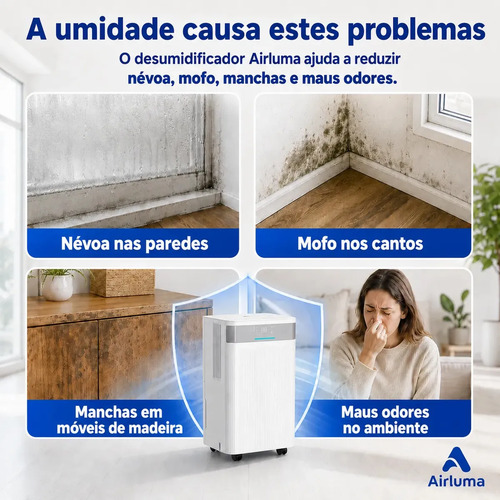 Desumidificador de Ar Airluma 12L/dia com Compressor e Wi-Fi, Timer 24h, Antimofo, 3 Modos, Rodinhas 360°, Drenagem Contínua, para Banheiro, Quarto Infantil e Ambientes com Ar