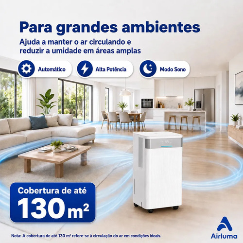 Desumidificador de Ar Airluma 12L/dia com Compressor e Wi-Fi, Timer 24h, Antimofo, 3 Modos, Rodinhas 360°, Drenagem Contínua, para Banheiro, Quarto Infantil e Ambientes com Ar
