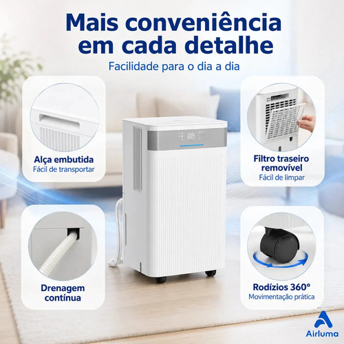 Desumidificador de Ar Airluma 12L/dia com Compressor e Wi-Fi, Timer 24h, Antimofo, 3 Modos, Rodinhas 360°, Drenagem Contínua, para Banheiro, Quarto Infantil e Ambientes com Ar