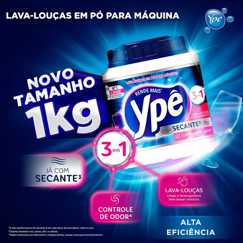 Detergente Lava Louças em Pó para Máquina Ypê 1Kg 3em1 Com Secante