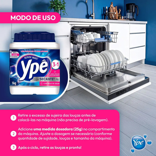 Detergente Lava Louças em Pó para Máquina Ypê 1Kg 3em1 Com Secante