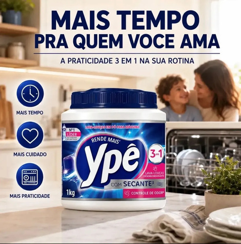 Detergente Lava Louças em Pó para Máquina Ypê 1Kg 3em1 Com Secante