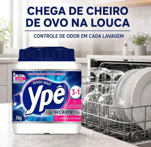 Detergente Lava Louças em Pó para Máquina Ypê 1Kg 3em1 Com Secante