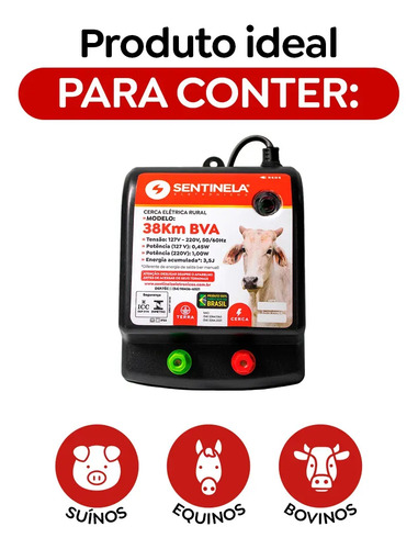Eletrificador Cerca Elétrica Rural 38km Sentinela automaticamente