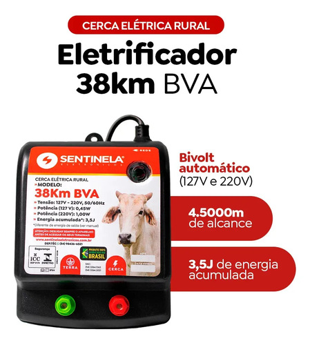 Eletrificador Cerca Elétrica Rural 38km Sentinela automaticamente