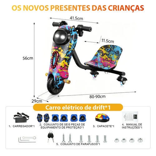 ELIANE Patinete Triciclo Infantil Drift Elétrico Led 90kg 25km 350W ,Para Crianças de 4 a 16 Anos