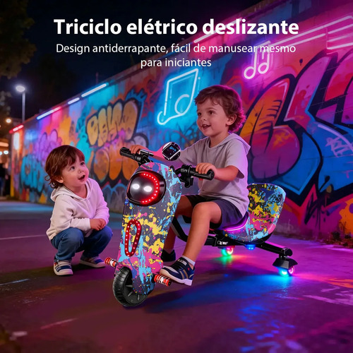 ELIANE Patinete Triciclo Infantil Drift Elétrico Led 90kg 25km 350W ,Para Crianças de 4 a 16 Anos