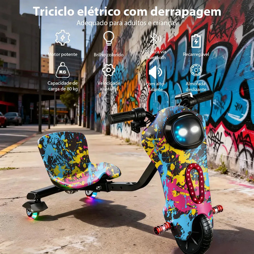 ELIANE Patinete Triciclo Infantil Drift Elétrico Led 90kg 25km 350W ,Para Crianças de 4 a 16 Anos