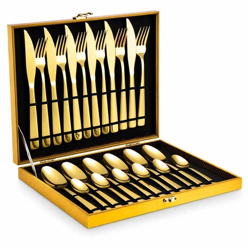 Eps 158 kit faqueiro dourado luxo jogo talheres inox 24pcs m