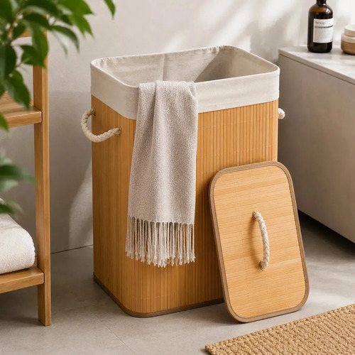 Eps-3903 Cesto Roupa Bambu Retangular Dobrável Com Tampa Alças 60l