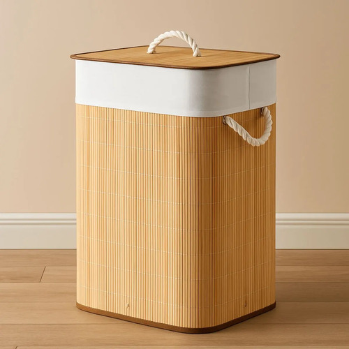 Eps-3903 Cesto Roupa Bambu Retangular Dobrável Com Tampa Alças 60l