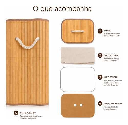 Eps-3903 Cesto Roupa Bambu Retangular Dobrável Com Tampa Alças 60l