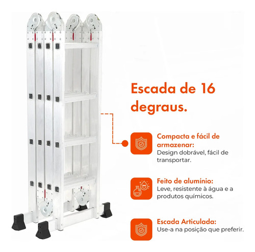 Escada Articulada 16 Degraus 4x4 Garden Life Aluminum Cor Cinza
