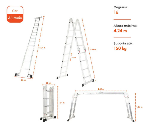 Escada Articulada 16 Degraus 4x4 Garden Life Aluminum Cor Cinza