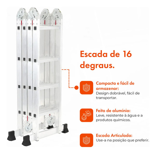Escada Articulada Multifuncional 4x4 16 Degraus Garden Life Alumínio 4,32mts