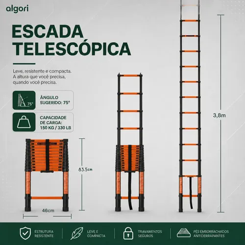 Escada Telescopica 3,8m 13 Degraus Antiderrapante Algori