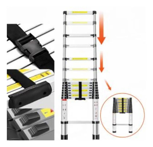 Escada Telescópica Extensiva Aço Inoxidável 13 Degraus 3,80m Garden Life Cor Prateado