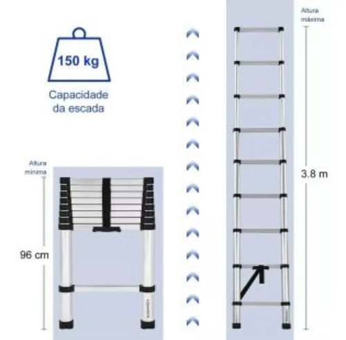 Escada Telescópica Extensiva Aço Inoxidável 13 Degraus 3,80m Garden Life Cor Prateado