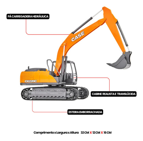 Escavadeira de Brinquedo Articulada Case Cx 220c Trator Criança com Esteira Emborrachada Infantil