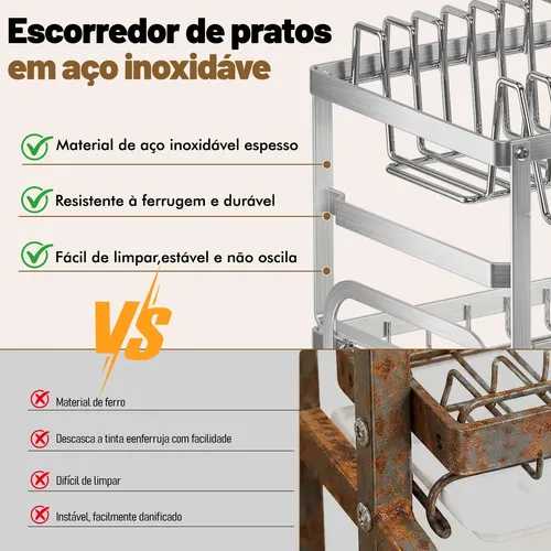 Escorredor De Louça Inox Porta Pratos Com Bandeja Drenagem