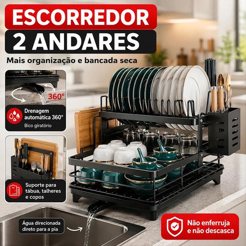 Escorredor de louca inoxidavel 2 andares drenagem automatica