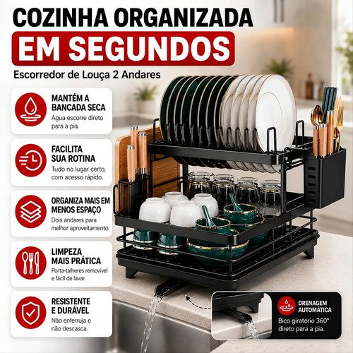 Escorredor De Louça Inoxidável 2 Andares Drenagem Automática Bandeja Grande 360o Organizador Pia Com Porta Talheres Tigelas Pratos