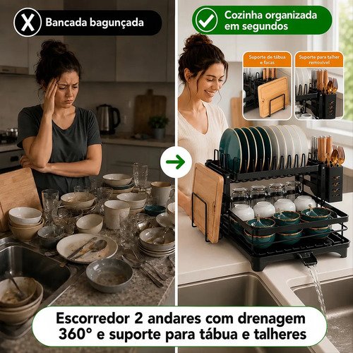 Escorredor De Louça Inoxidável 2 Andares Drenagem Automática Bandeja Grande 360o Organizador Pia Com Porta Talheres Tigelas Pratos