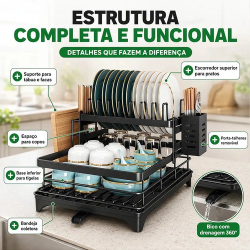 Escorredor De Louça Inoxidável 2 Andares Drenagem Automática Bandeja Grande 360o Organizador Pia Com Porta Talheres Tigelas Pratos