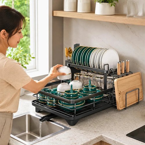Escorredor De Louça Inoxidável 2 Andares Drenagem Automática Bandeja Grande 360o Organizador Pia Com Porta Talheres Tigelas Pratos