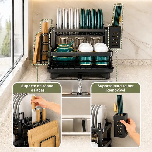 Escorredor De Louça Secador De Pratos Cozinha Aço Inox Preto 2 Andar Porta Talher Tigela E Copos Laruno