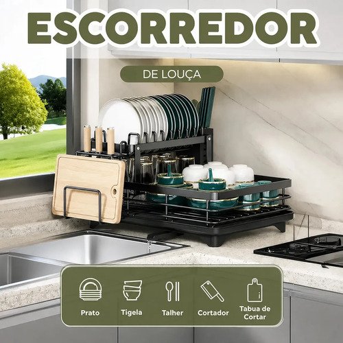 Escorredor De Louça Secador De Pratos Cozinha Aço Inox Preto 2 Andar Porta Talher Tigela E Copos Laruno