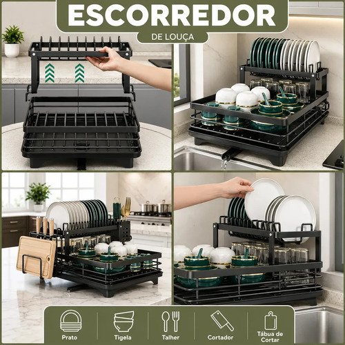 Escorredor De Louça Secador De Pratos Cozinha Aço Inox Preto 2 Andar Porta Talher Tigela E Copos Laruno