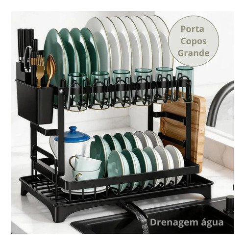 Escorredor de loucas 2 andares zelvi aco carbono preto para