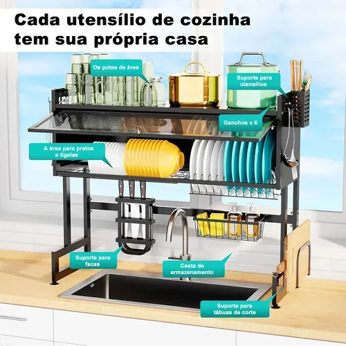 Escorredor De Pratos Louça Preto Cozinha Suspensa 65cm 18pçs