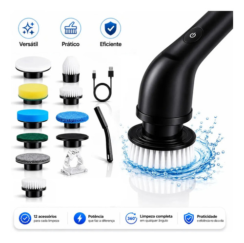 Escova de limpeza elétrica 12 em 1 giratória recarregável cabo regulável EPS-4112 - PRETO