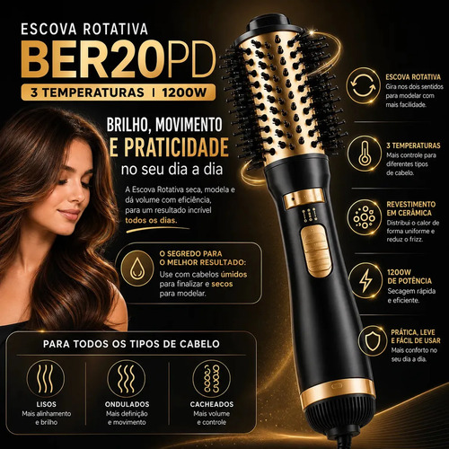 Escova Modeladora Rotativa Britânia Ber20pd 3 Temperaturas Cor Preto e Dourado