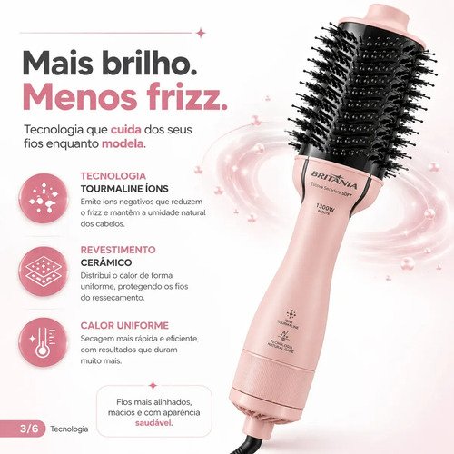 Escova Secadora E Modeladora Britânia 4 EM 1 ANTI FRIZZ BRILHO E MACIEZ BEC07R 1300W 127V/220V