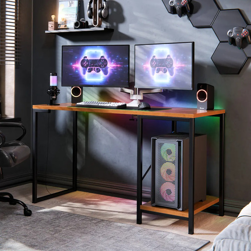 Escrivaninha Gamer Tokyo Mdf Mesa Para Computador Home Office E Estudos Com Suporte Para Cpu E Prateleira Lateral Estrutura Em Aço Estilo Industrial Design Moderno Amplo Cor Canela Preto