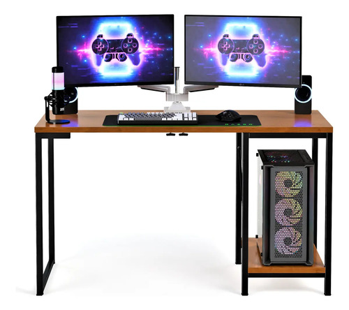 Escrivaninha Gamer Tokyo Mdf Mesa Para Computador Home Office E Estudos Com Suporte Para Cpu E Prateleira Lateral Estrutura Em Aço Estilo Industrial Design Moderno Amplo Cor Canela Preto