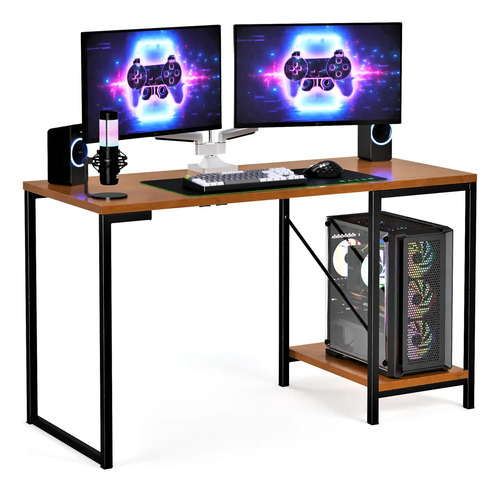 Escrivaninha Gamer Tokyo Mdf Mesa Para Computador Home Office E Estudos Com Suporte Para Cpu E Prateleira Lateral Estrutura Em Aço Estilo Industrial Design Moderno Amplo Cor Canela Preto