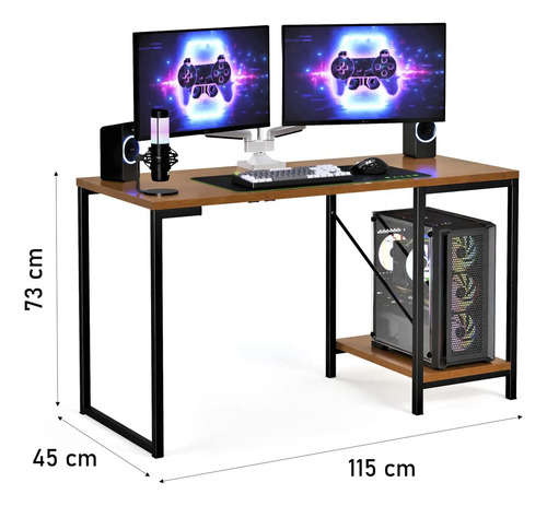 Escrivaninha Gamer Tokyo Mdf Mesa Para Computador Home Office E Estudos Com Suporte Para Cpu E Prateleira Lateral Estrutura Em Aço Estilo Industrial Design Moderno Amplo Cor Canela Preto