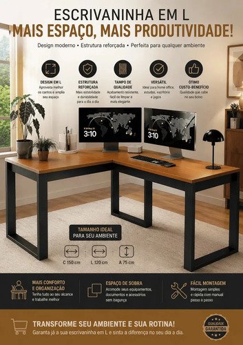 Escrivaninha Industrial Em L Berlim Mesa Escritório Home Office Para Estudo De Canto Em MDF Cor Canela Preto