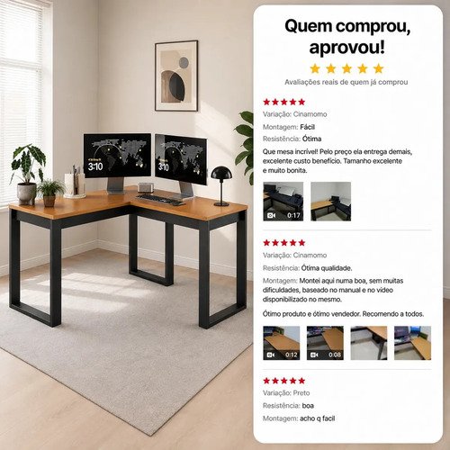 Escrivaninha Industrial Em L Berlim Mesa Escritório Home Office Para Estudo De Canto Em MDF Cor Canela Preto