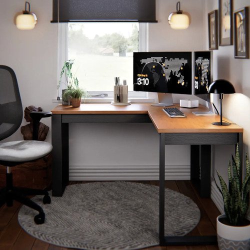 Escrivaninha Industrial Em L Berlim Mesa Escritório Home Office Para Estudo De Canto Em MDF Cor Canela Preto