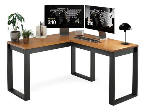 Escrivaninha Industrial Em L Berlim Mesa Escritório Home Office Para Estudo De Canto Em MDF Cor Canela Preto