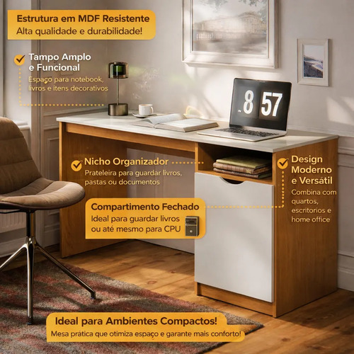Escrivaninha Para Computador 115cm Com Porta E Nicho Mesa Home Office Escritório Quarto Estudo Notebook Moderna Canela Off White