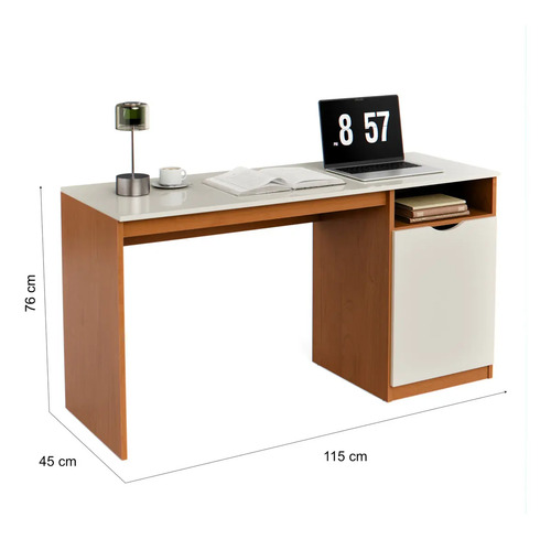 Escrivaninha Para Computador 115cm Com Porta E Nicho Mesa Home Office Escritório Quarto Estudo Notebook Moderna Canela Off White