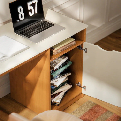 Escrivaninha Para Computador 115cm Com Porta E Nicho Mesa Home Office Escritório Quarto Estudo Notebook Moderna Canela Off White