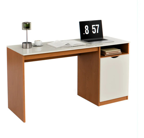 Escrivaninha Para Computador 115cm Com Porta E Nicho Mesa Home Office Escritório Quarto Estudo Notebook Moderna Canela Off White